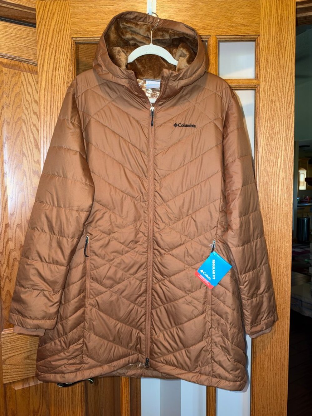 NWT $160 COLUMBIA PLUS SIZE 1X HEAVENLY LONG HOODED JACKET COAT PUFFER CAMEL